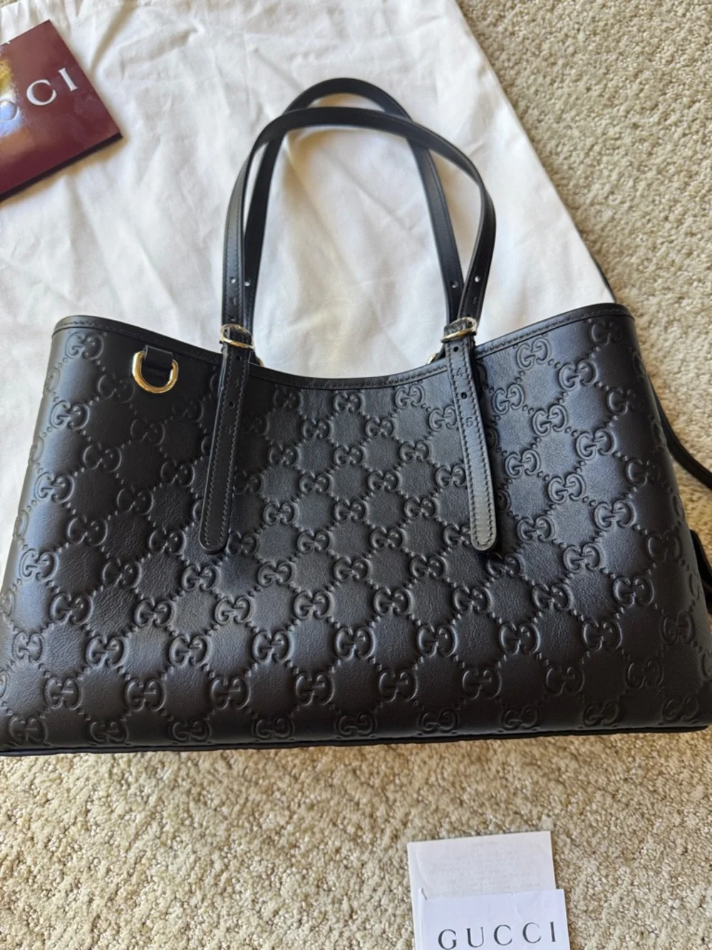 Gucci Black Embossed GG Leather Tote with Double Shoulder Straps - Picture 8 of 9